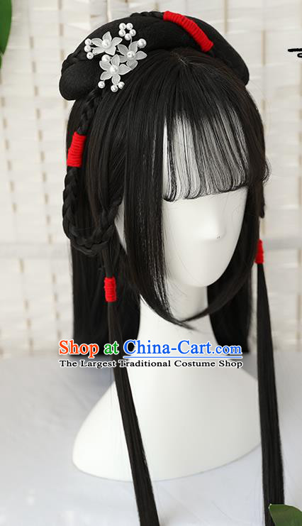 China Traditional Ming Dynasty Straight Bang Wiggery Headdress Handmade Ancient Young Beauty Wig Sheath
