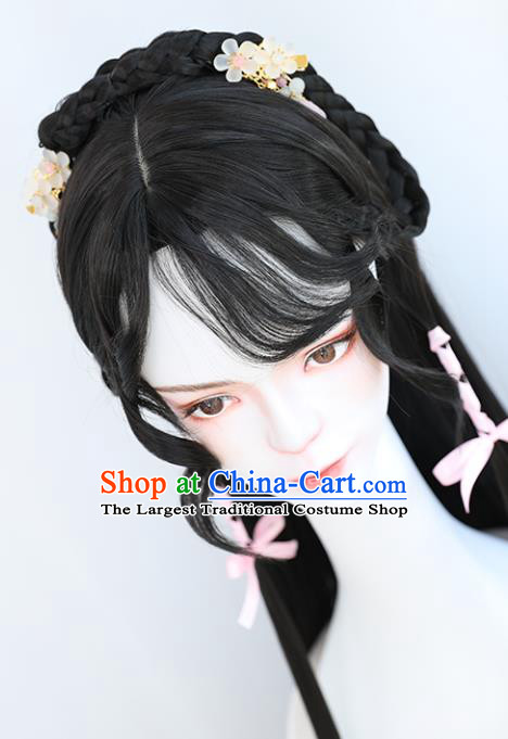 China Traditional Tang Dynasty Curly Wiggery Headdress Handmade Ancient Young Lady Wig Sheath