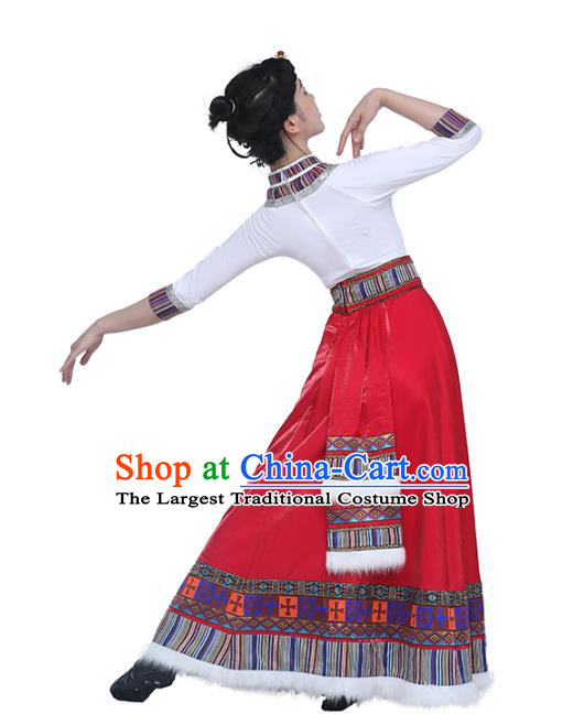 China Handmade Tibetan Folk Dance White Blouse and Red Skirt Outfits Traditional Zang Nationality Clothing