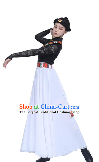 China Traditional Zang Nationality Folk Dance Clothing Tibetan Ethnic Black Blouse and White Skirt Outfits