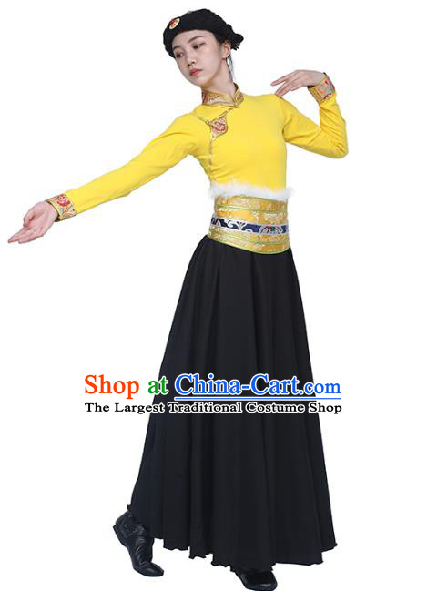 China Traditional Zang Nationality Women Clothing Tibetan Ethnic Dance Yellow Blouse and Black Skirt Outfits