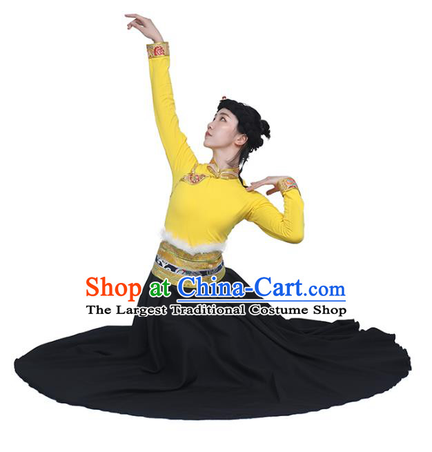 China Traditional Zang Nationality Women Clothing Tibetan Ethnic Dance Yellow Blouse and Black Skirt Outfits