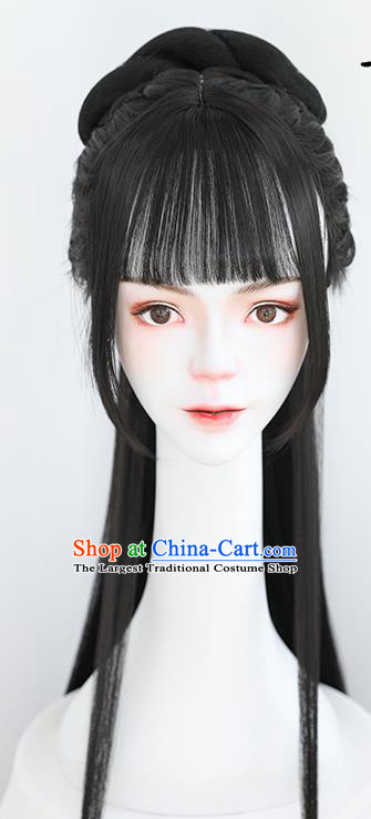 China Traditional Ming Dynasty Princess Straight Bangs Wiggery Headdress Handmade Ancient Palace Beauty Wig Sheath