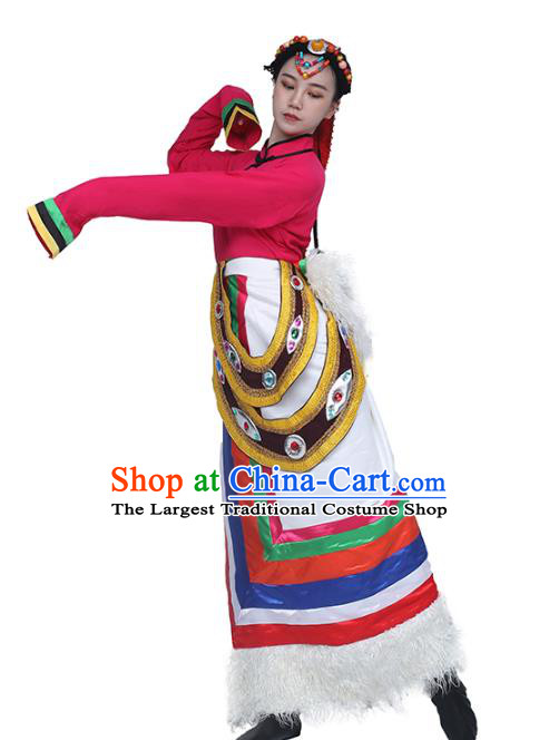 China Traditional Zang Nationality Women Folk Dance Clothing Tibetan Ethnic Dance Rosy Blouse and White Skirt Outfits