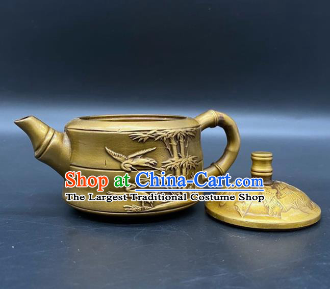 Handmade Chinese Carving Bamboo Teapot Ornaments Traditional Brass Teakettle Craft