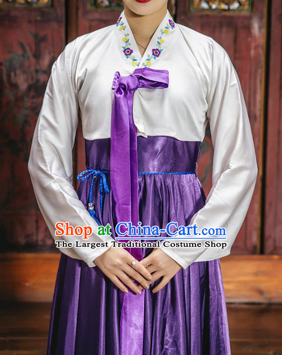 Chinese Classical Dance Clothing Traditional Korean Nationality Dance White Blouse and Purple Dress Complete Set