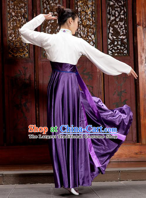 Chinese Classical Dance Clothing Traditional Korean Nationality Dance White Blouse and Purple Dress Complete Set