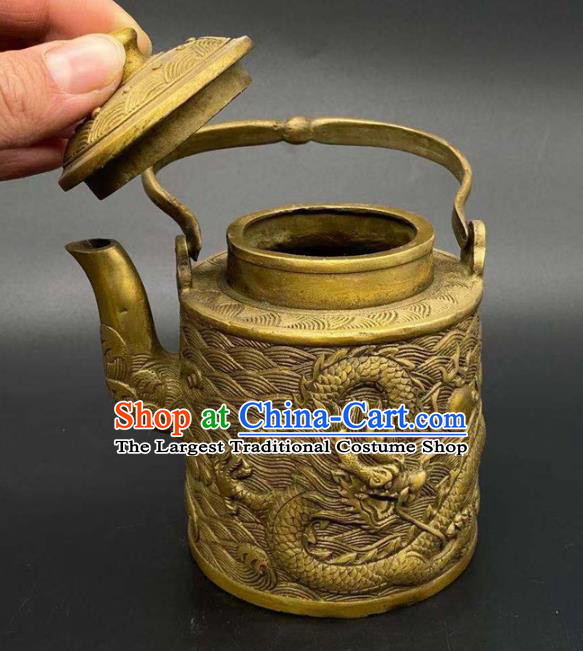 andmade Chinese Carving Dragon Teapot Ornaments Traditional Brass Kettle Accessories