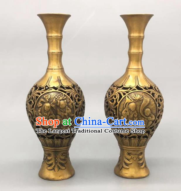 Handmade Chinese Carving Kids Flower Jardiniere Ornaments Brass Vase Accessories