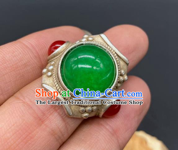 China Handmade Silver Jewelry Accessories Traditional Chrysoprase Thimble Circlet National Agate Ring