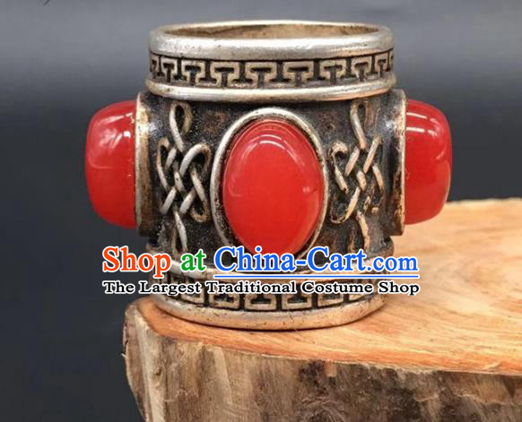 China National Agate Ring Traditional Silver Circlet Thimble Handmade Jewelry Accessories