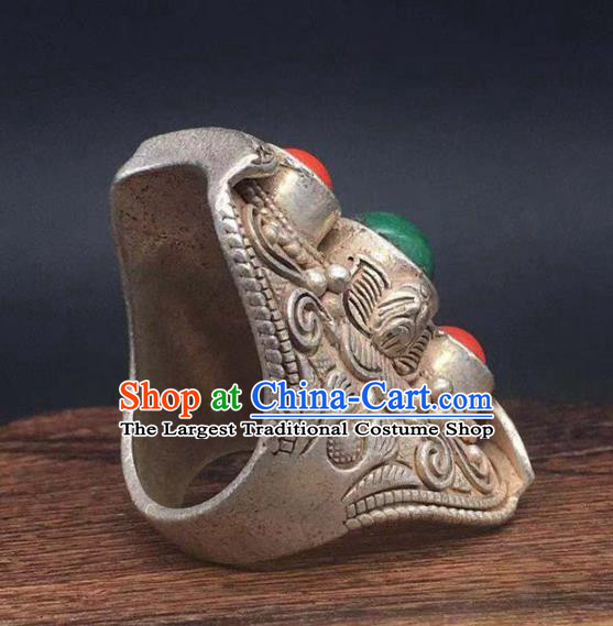 China National Gems Ring Handmade Jewelry Accessories Traditional Silver Circlet Thimble