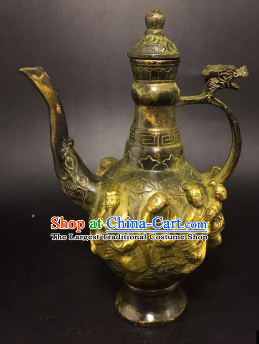 Handmade Chinese Wine Pot Traditional Brass Accessories Carving Eight Treasures Flagon Ornaments