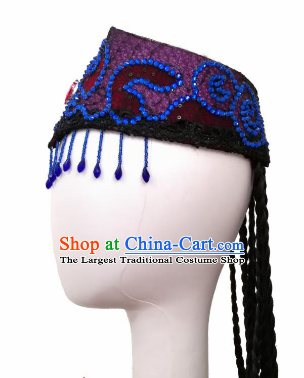 China Handmade Ethnic Women Braid Hair Accessories Traditional Uyghur Nationality Folk Dance Royalblue Tassel Hat