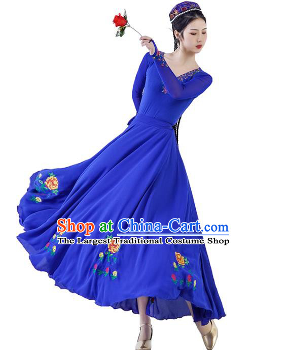 China Ethnic Women Folk Dance Blue Dress and Hat Outfits Traditional Uyghur Nationality Clothing