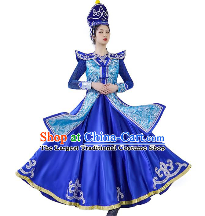 China Mongolian Ethnic Women Folk Dance Royalblue Dress and Hat Outfits Traditional Mongol Nationality Wedding Clothing