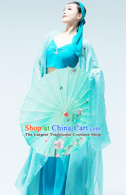 Traditional China Umbrella Dance Blue Dress Classical Dance Stage Show Green Snake Costume