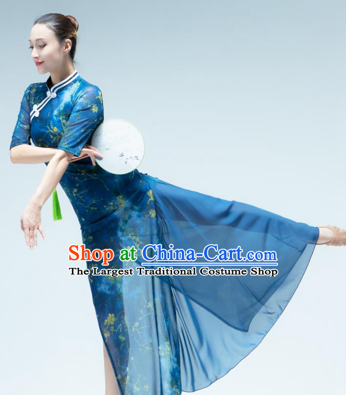 Traditional China Song of the Fishermen Fan Dance Costume Classical Dance Stage Show Blue Chiffon Qipao Dress