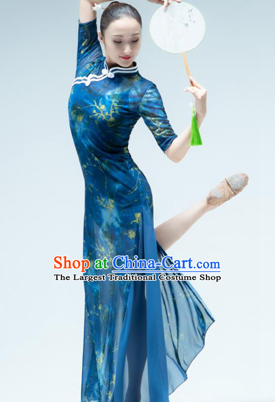 Traditional China Song of the Fishermen Fan Dance Costume Classical Dance Stage Show Blue Chiffon Qipao Dress