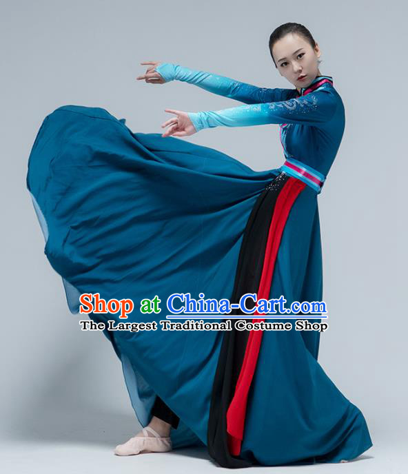 China Mongol Nationality Folk Dance Deep Blue Dress Traditional Mongolian Ethnic Dance Stage Performance Clothing