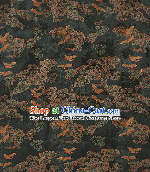 Chinese Gambiered Guangdong Gauze Traditional Cheongsam Silk Fabric Royal Cloud Crane Pattern Atrovirens Brocade