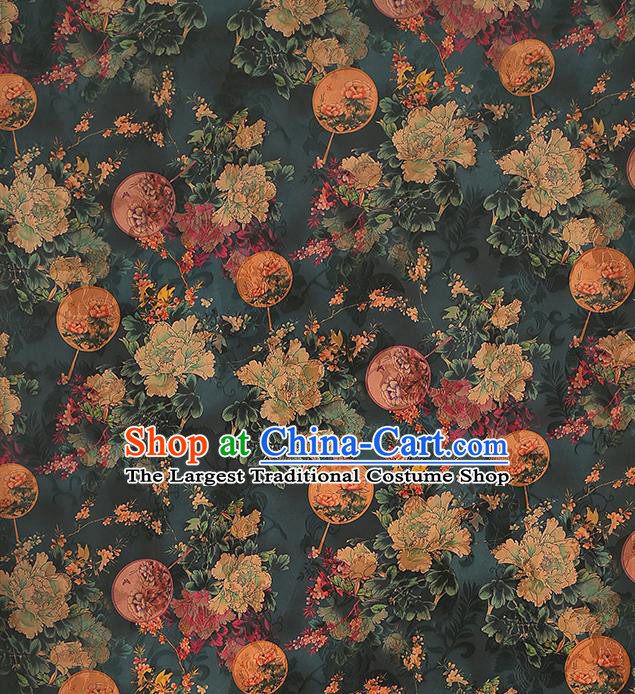 Chinese Atrovirens Gambiered Guangdong Gauze Traditional Cheongsam Silk Fabric Royal Peony Pattern Brocade Drapery