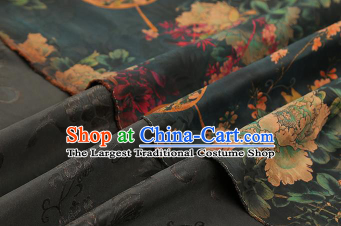 Chinese Atrovirens Gambiered Guangdong Gauze Traditional Cheongsam Silk Fabric Royal Peony Pattern Brocade Drapery