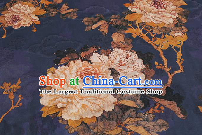 Chinese Royal Peony Pattern Brocade Drapery Traditional Cheongsam Silk Fabric Navy Gambiered Guangdong Gauze