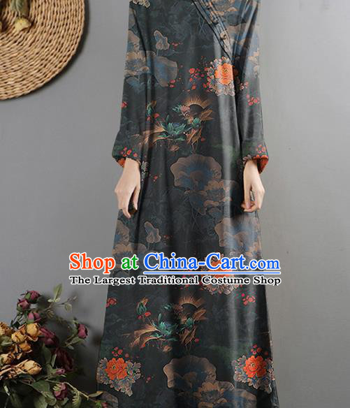 Chinese Black Gambiered Guangdong Gauze Royal Peony Lotus Pattern Brocade Drapery Traditional Cheongsam Silk Fabric