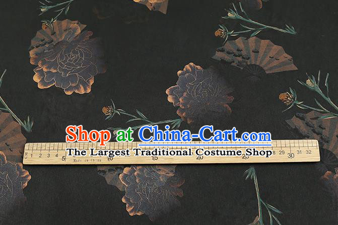 Chinese Traditional Cheongsam Silk Fabric Royal Peony Pattern Brocade Drapery Black Gambiered Guangdong Gauze