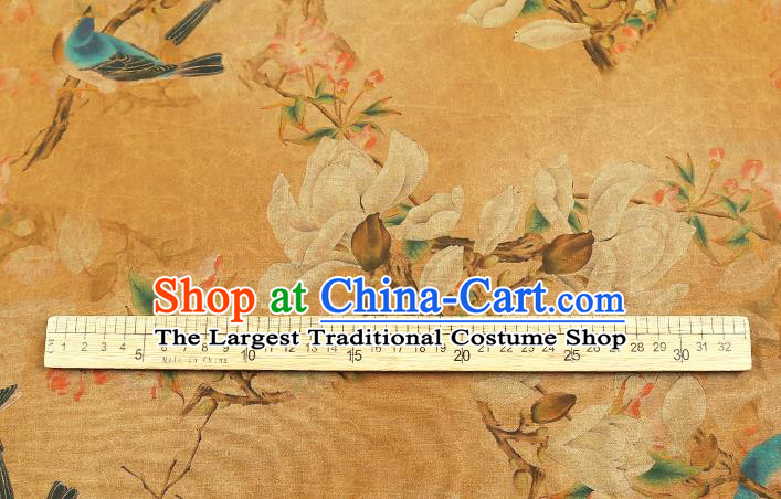 Chinese Orange Gambiered Guangdong Gauze Traditional Silk Fabric Royal Mangnolia Birds Pattern Cheongsam Drapery