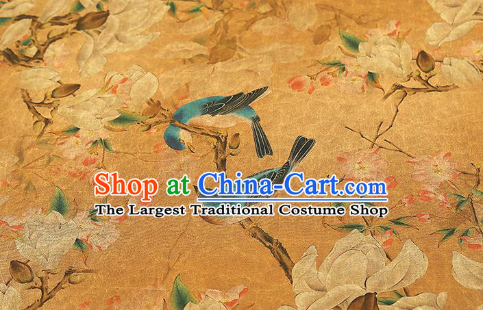 Chinese Orange Gambiered Guangdong Gauze Traditional Silk Fabric Royal Mangnolia Birds Pattern Cheongsam Drapery