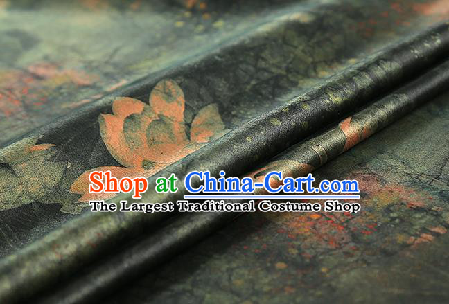 Chinese Atrovirens Gambiered Guangdong Gauze Traditional Cheongsam Silk Fabric Royal Lotus Pattern Brocade Drapery