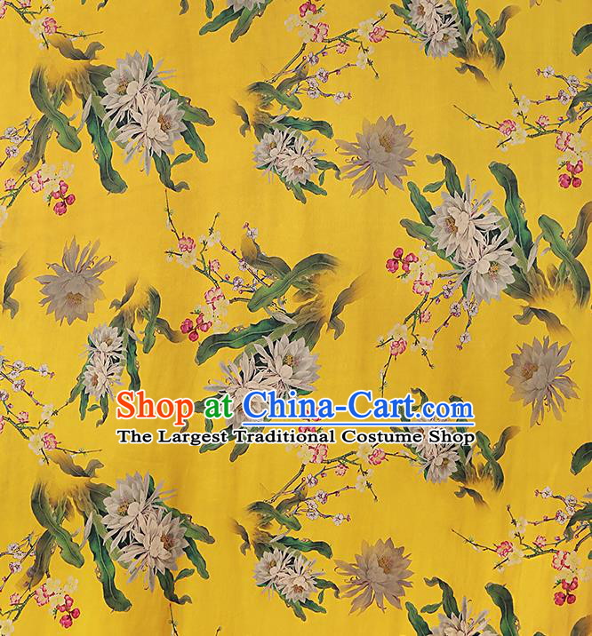 Chinese Yellow Gambiered Guangdong Gauze Traditional Silk Fabric Royal Epiphyllum Pattern Cheongsam Drapery