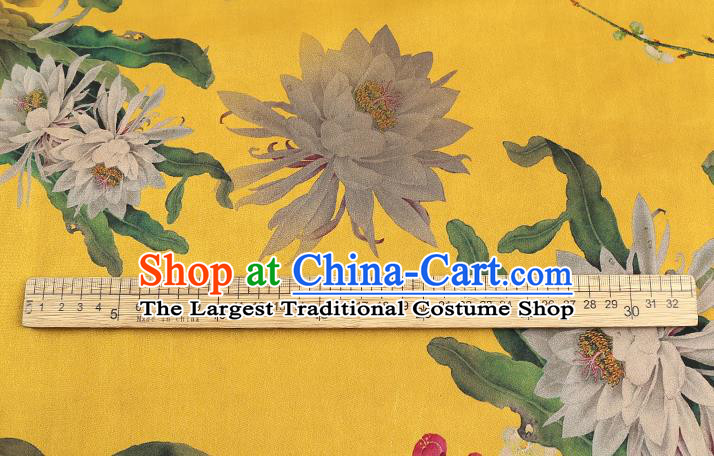 Chinese Yellow Gambiered Guangdong Gauze Traditional Silk Fabric Royal Epiphyllum Pattern Cheongsam Drapery