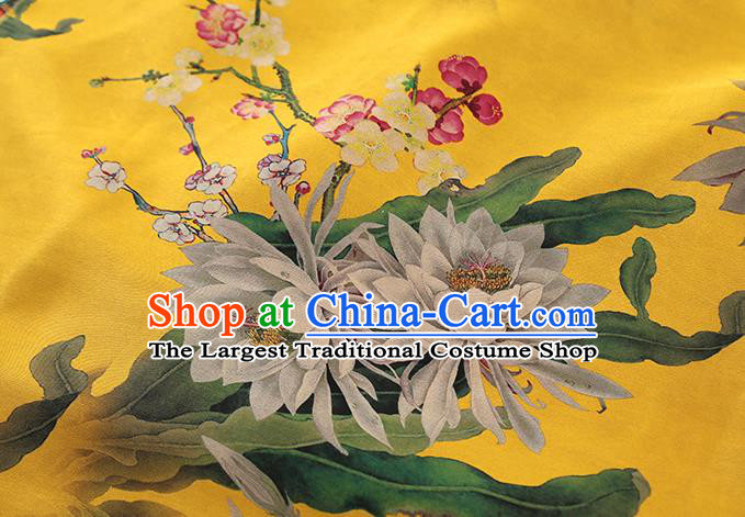 Chinese Yellow Gambiered Guangdong Gauze Traditional Silk Fabric Royal Epiphyllum Pattern Cheongsam Drapery