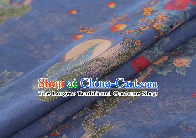 Chinese Traditional Blue Silk Fabric Gambiered Guangdong Gauze Royal Moon Plum Peony Pattern Cheongsam Cloth Drapery