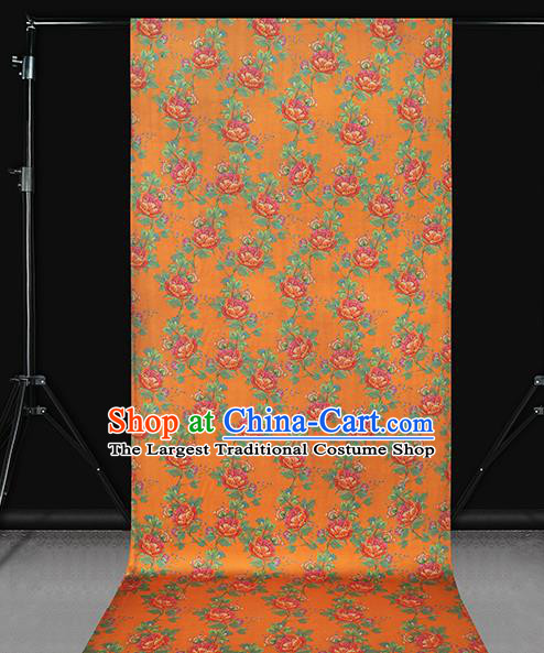 Chinese Traditional Orange Silk Fabric Gambiered Guangdong Gauze Royal Peony Pattern Cheongsam Drapery