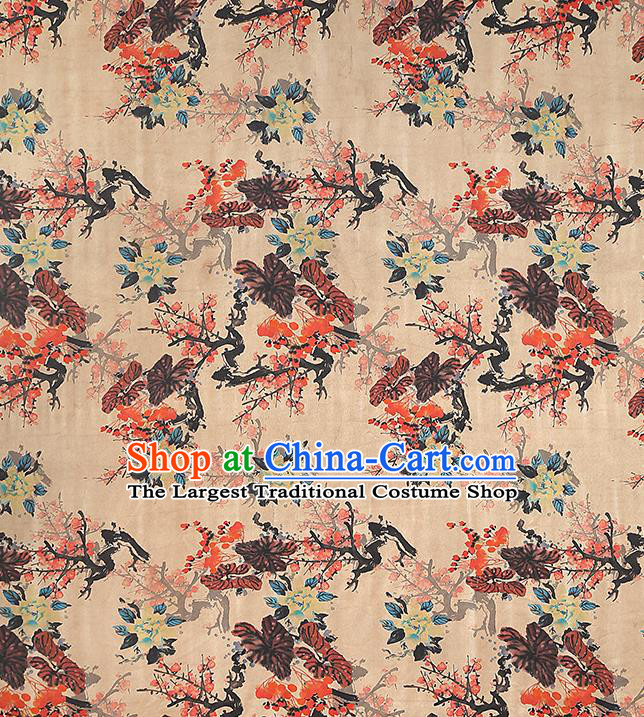 Chinese Traditional Ginger Silk Fabric Gambiered Guangdong Gauze Royal Plum Blossom Pattern Cheongsam Drapery