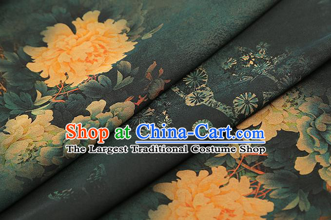 Chinese Traditional Deep Green Silk Fabric Royal Peony Pattern Cheongsam Cloth Drapery Gambiered Guangdong Gauze