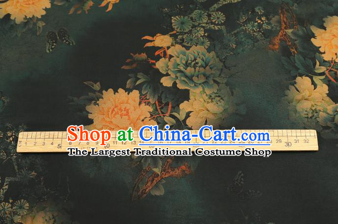 Chinese Traditional Deep Green Silk Fabric Royal Peony Pattern Cheongsam Cloth Drapery Gambiered Guangdong Gauze