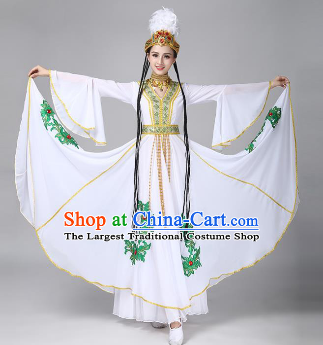 China Traditional Ethnic Dance Clothing Uyghur Nationality Stage Show White Dress and Hat