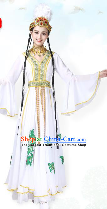 China Traditional Ethnic Dance Clothing Uyghur Nationality Stage Show White Dress and Hat