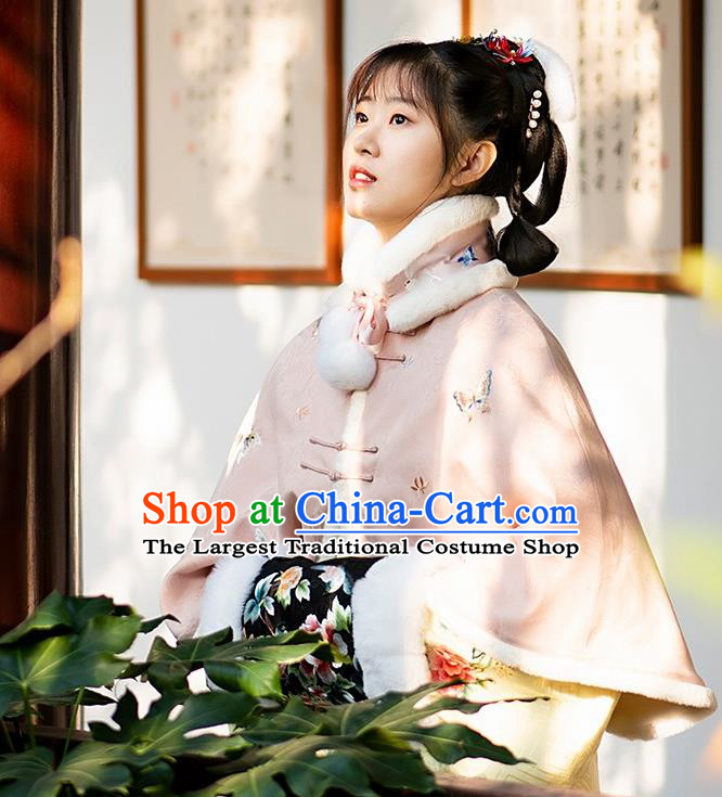 China Traditional Embroidered Costume Tang Suit Pink Short Cloak Embroidery Butterfly Winter Upper Outer Garment