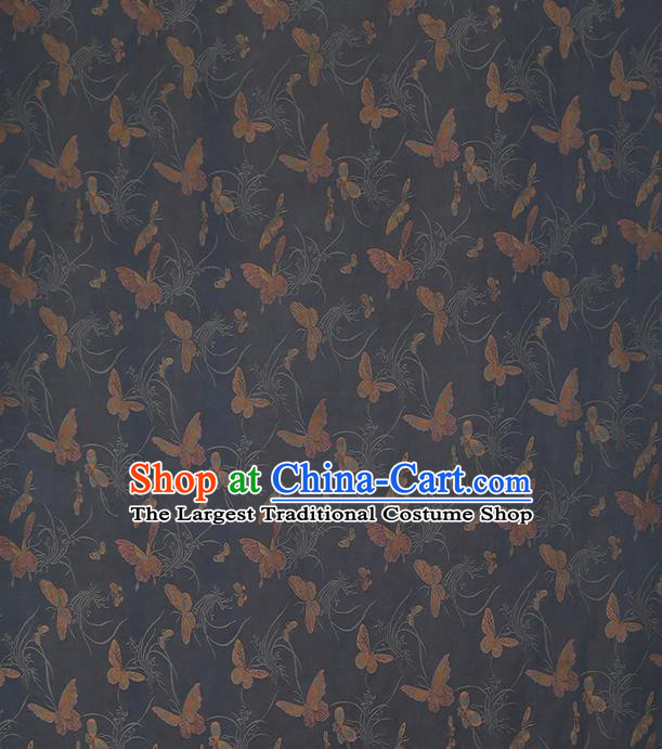 Chinese Traditional Cheongsam Silk Fabric Royal Butterfly Orchids Pattern Navy Song Brocade Gambiered Guangdong Gauze