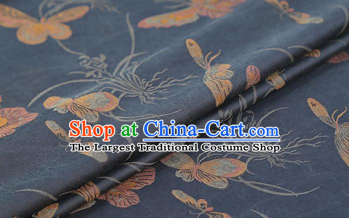 Chinese Traditional Cheongsam Silk Fabric Royal Butterfly Orchids Pattern Navy Song Brocade Gambiered Guangdong Gauze