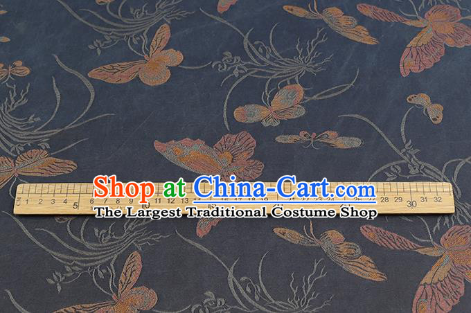 Chinese Traditional Cheongsam Silk Fabric Royal Butterfly Orchids Pattern Navy Song Brocade Gambiered Guangdong Gauze