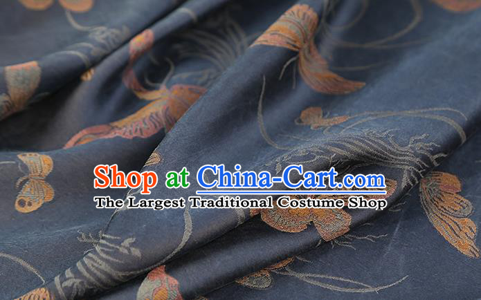 Chinese Traditional Cheongsam Silk Fabric Royal Butterfly Orchids Pattern Navy Song Brocade Gambiered Guangdong Gauze