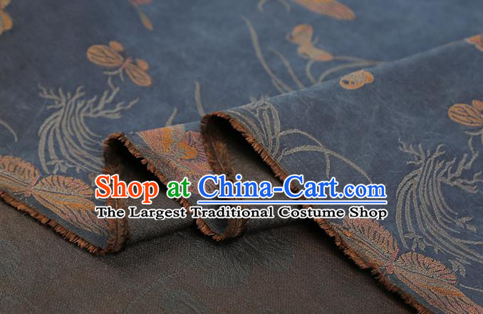 Chinese Traditional Cheongsam Silk Fabric Royal Butterfly Orchids Pattern Navy Song Brocade Gambiered Guangdong Gauze