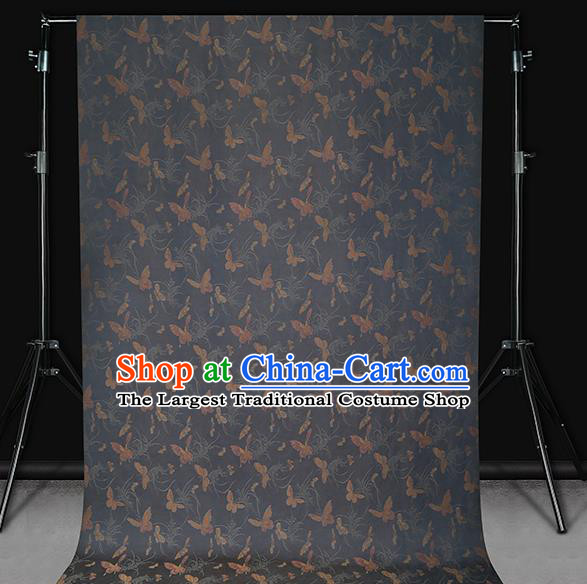 Chinese Traditional Cheongsam Silk Fabric Royal Butterfly Orchids Pattern Navy Song Brocade Gambiered Guangdong Gauze